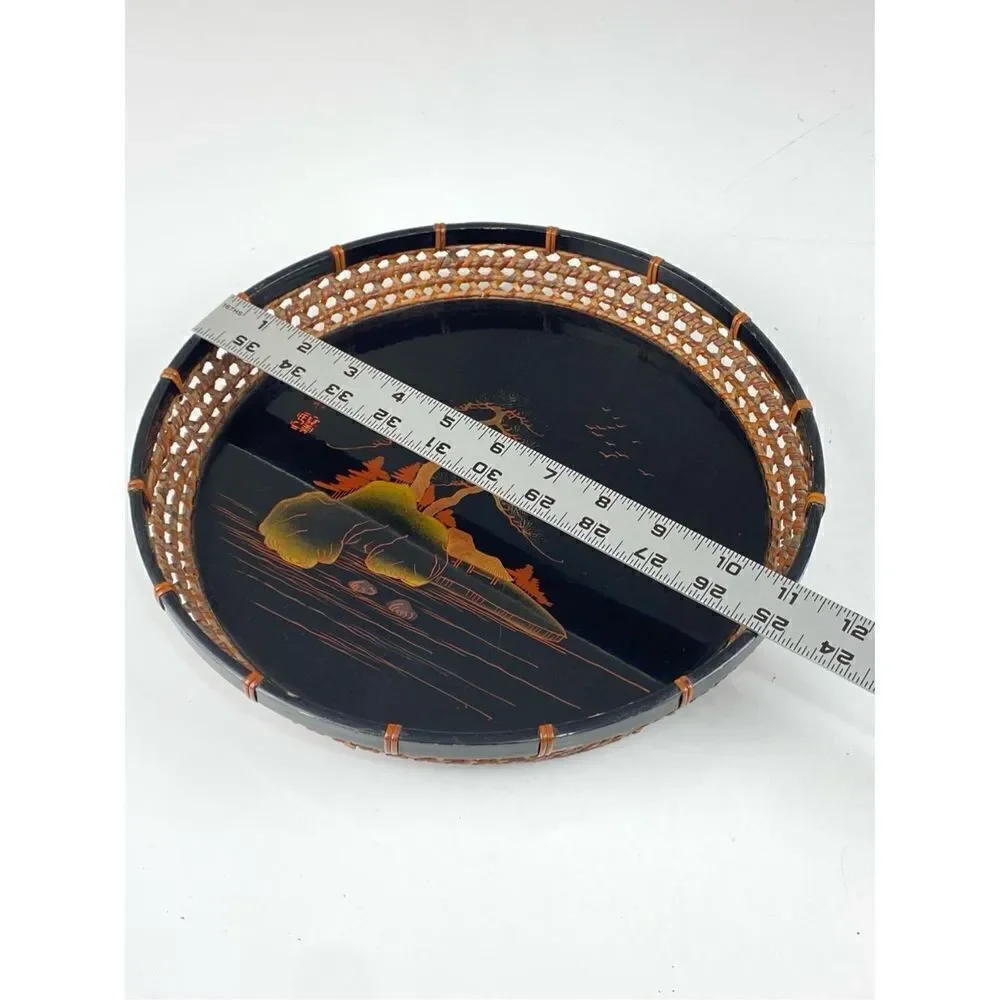 Vintage Japanese Lacquered Hand Painted Wooden Tray with Wicker Sides DR1647